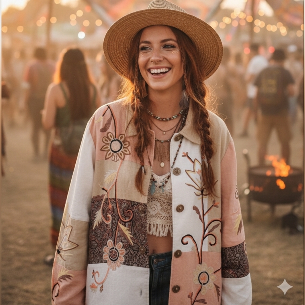Indigo Moon XL Y2K Bohemian Western Patchwork Tapesty Embroidery Eclectic Shirt